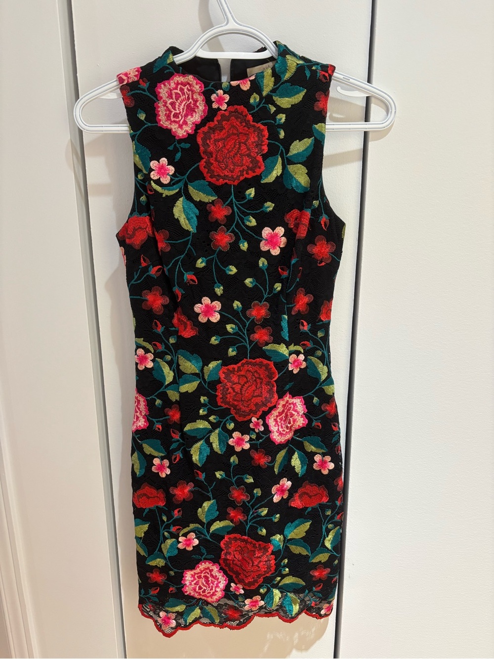 Aidan Mattox Black Sleeveless Mini Dress with Red & Pink Floral Embroidery